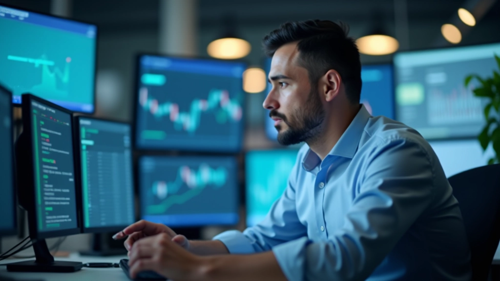 Professional financial analyst reviewing market data on multiple screens in modern trading office environment