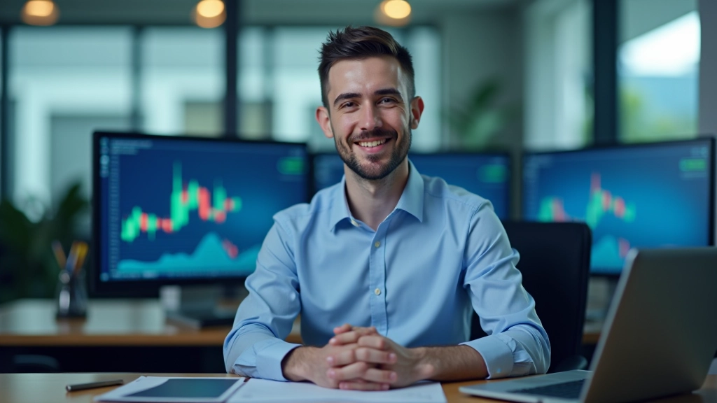 Marcus Tan in a modern fintech office workspace, reviewing market charts and analysis materials at a clean desk with multiple screens showing trading data