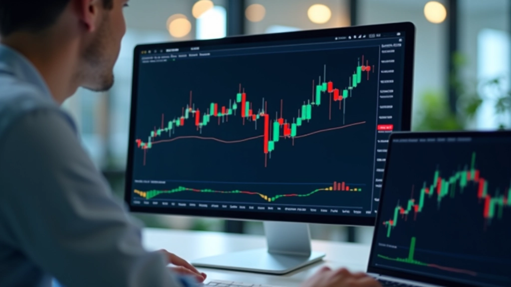 Trading charts displayed on computer monitor with candlestick patterns and analysis tools visible